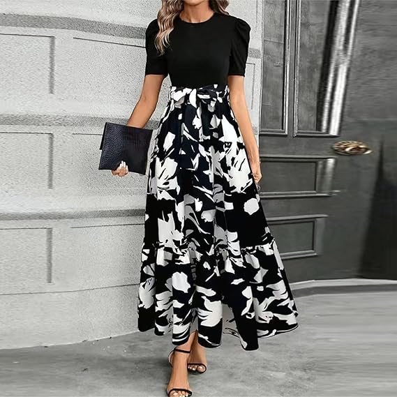 🔥Women's Summer Dress High Waist Short Sleeve Round Neck Floral💗✨Embrace The Elegance