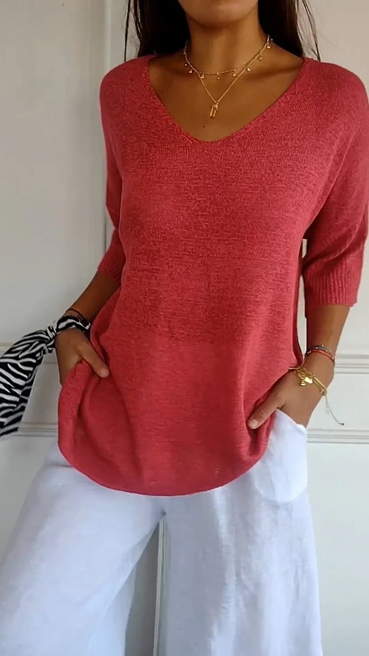 💖56% OFF🔥BUY 2 FREE SHIPPING🥰Solid Color Knitted V-neck Top