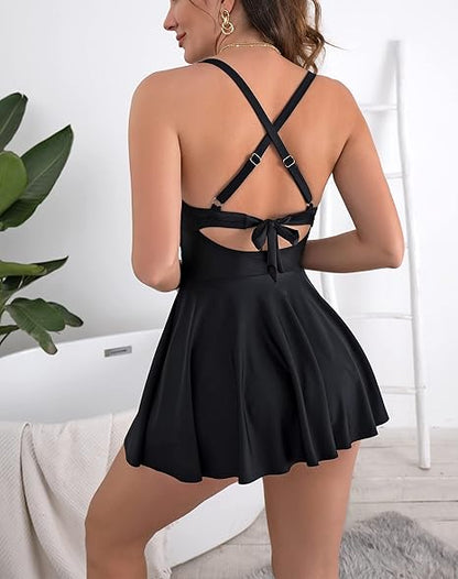 💎 50% OFF! 💎 Women's Cutout One Piece Skirt Swimsuit – V-Neck, Tummy Control & Flirty Cutouts 🩱✨