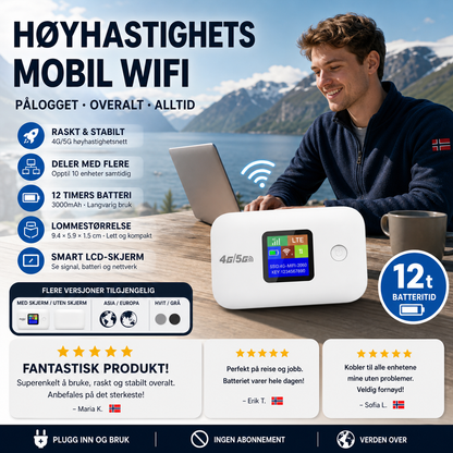📶 Bærbar WiFi-router – høy hastighet, kobler alle enheter trådløst. Kompakt, lett, 3000mAh batteri, 12 timers drift – perfekt på reise! ✈️🔋