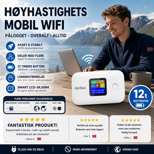 📶 Bærbar WiFi-router – høy hastighet, kobler alle enheter trådløst. Kompakt, lett, 3000mAh batteri, 12 timers drift – perfekt på reise! ✈️🔋