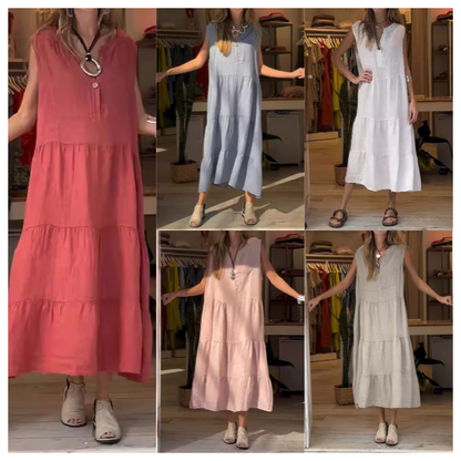 🎁ZOMERVERKOOP 50% UIT🔥Vrouwenjurk met V-hals en knoopmouwloze, getailleerde lange jurk