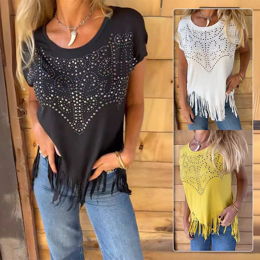 💞Effen dames-T-shirt met korte mouwen, hot print en gerafelde zoom