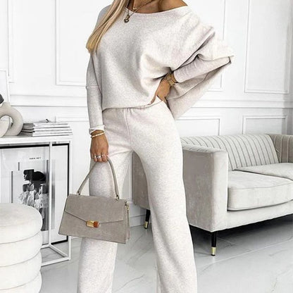 Damesset met effen kleur Drop Shoulder Pullover en losse broek