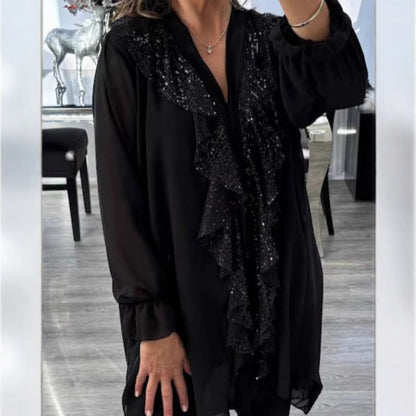 🔥Wat moet ik morgen dragen?💃Dames V-hals chiffon pailletten lange mouw shirt