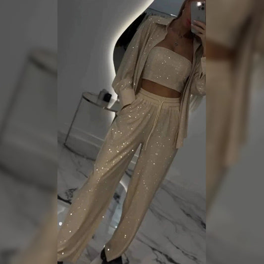 Glitter Blazer Met Pailletten en Wijde Broek voor dames(3-delige Set)