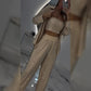 Glitter Blazer Met Pailletten en Wijde Broek voor dames(3-delige Set)