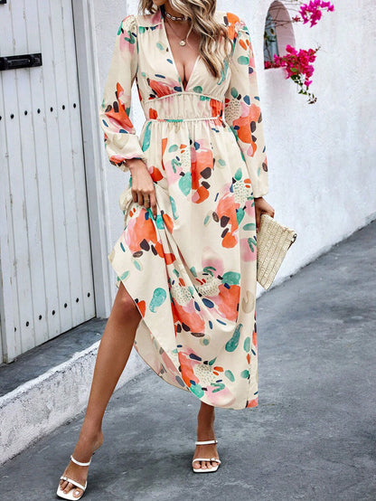 🌸Speciale prijs🌸Lange jurk met diepe V lantern mouwen getailleerde print