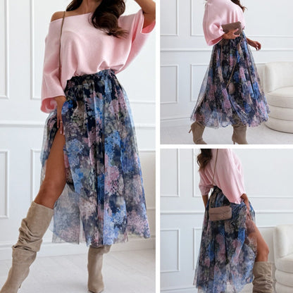 🌸Lente Specials🌸 Off-Shoulder Losse Top & Mesh Geprinte Rok Set