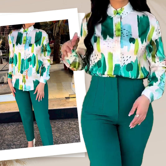 Tweedelige set van trendy print shirt en broek voor dames
