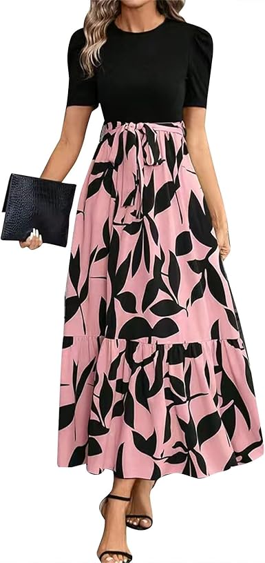 🔥Women's Summer Dress High Waist Short Sleeve Round Neck Floral💗✨Embrace The Elegance
