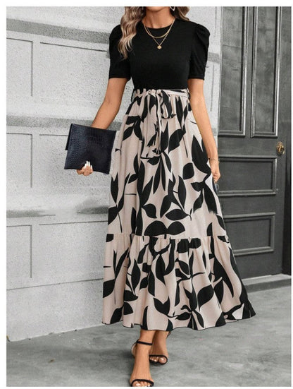 🔥Women's Summer Dress High Waist Short Sleeve Round Neck Floral💗✨Embrace The Elegance