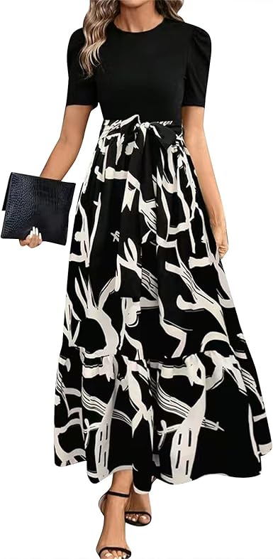 🔥Women's Summer Dress High Waist Short Sleeve Round Neck Floral💗✨Embrace The Elegance