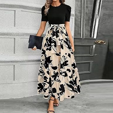 🔥Women's Summer Dress High Waist Short Sleeve Round Neck Floral💗✨Embrace The Elegance