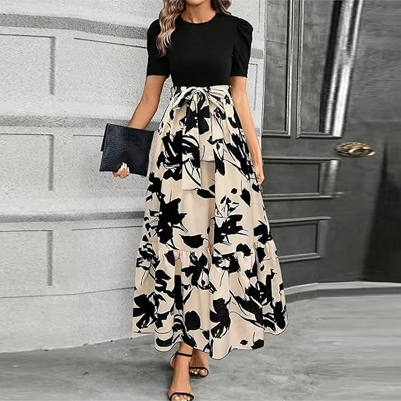 🔥Women's Summer Dress High Waist Short Sleeve Round Neck Floral💗✨Embrace The Elegance