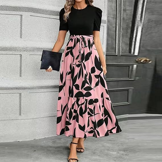 🔥Women's Summer Dress High Waist Short Sleeve Round Neck Floral💗✨Embrace The Elegance