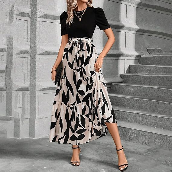 🔥Women's Summer Dress High Waist Short Sleeve Round Neck Floral💗✨Embrace The Elegance