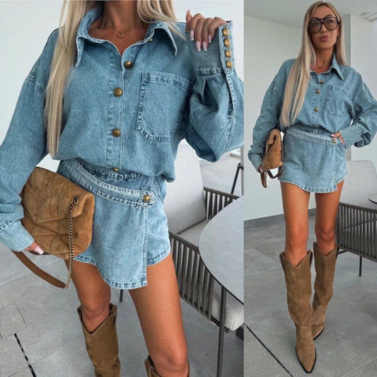 ✨Gratis verzending – Vroege Zomer Nieuw✨ Denim Set voor Dames: Oversized Shirt & Rok-Shorts