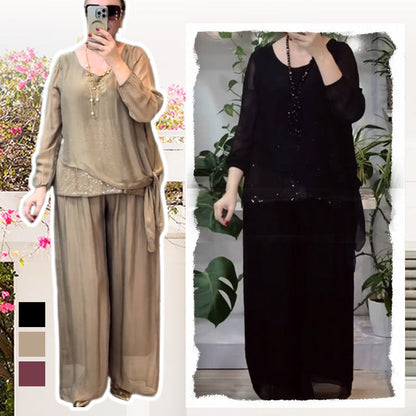 Set van 2-delige blouse met pailletten en wijde broek voor dames