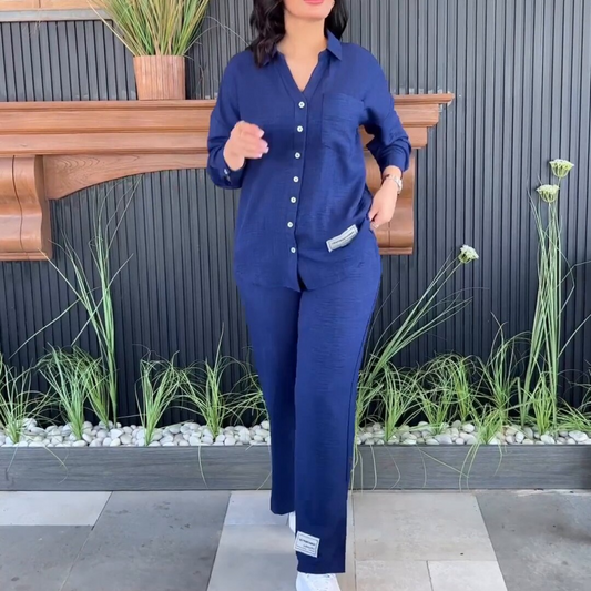 Vrouwen Casual Losse Set: Shirt met Lange Mouwen & Wijde Broek met Hoge taille en Split