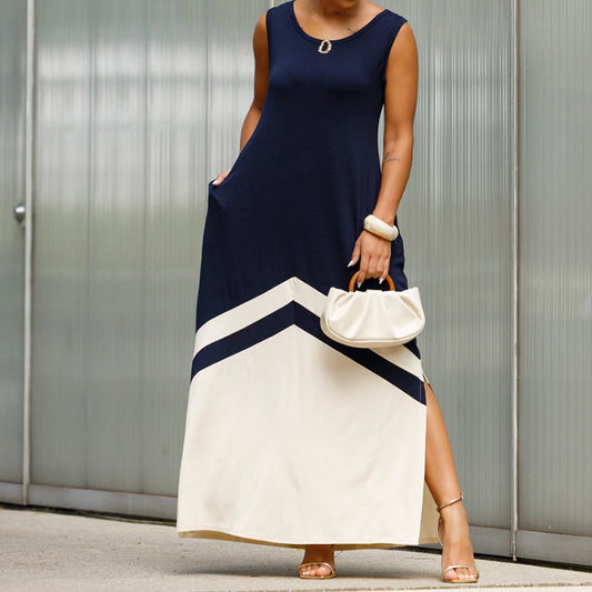 Trendy mouwloze colorblock splitjurk voor dames