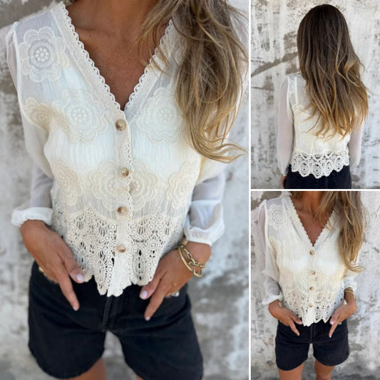 V-Neck Kant Borduur Langermet Blouse voor Dames. Maatverdeling