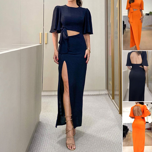 Rugloze midi jurk met split en uitsnijding aan de taille