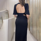 Rugloze midi jurk met split en uitsnijding aan de taille