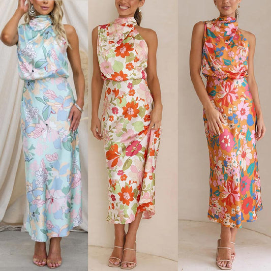 Love In The Garden Bloemenprint Maxi-jurk met halterhals en elastieken taille.
