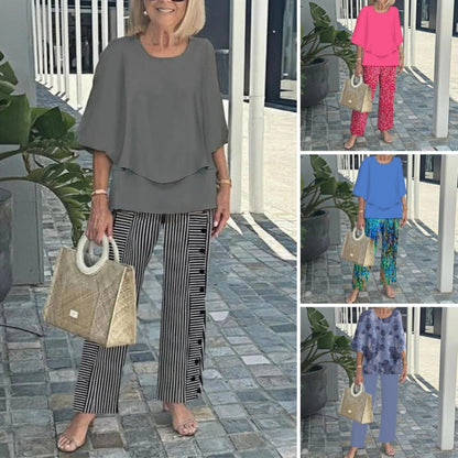 Dames Casual Tweedelige Set: Ronde Hals Halve Mouw Top en Geprinte Broek