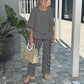 Dames Casual Tweedelige Set: Ronde Hals Halve Mouw Top en Geprinte Broek