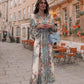 Elegant Gebloemde Jurk met Knopen, Diepe V-Hals en Hoge Taille