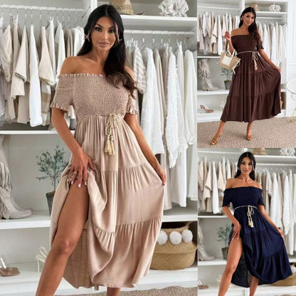 👗Dames Off-Shoulder Maxi Jurk met Korte Mouwen🌺
