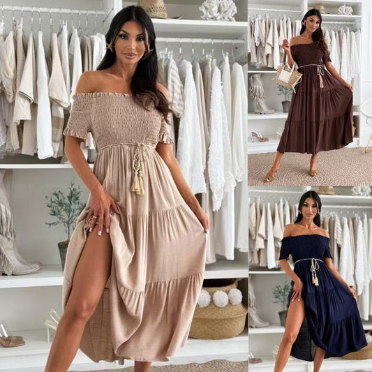 👗Dames Off-Shoulder Maxi Jurk met Korte Mouwen🌺