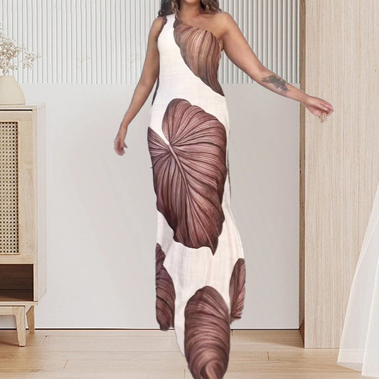 ⏰Tot 50 % korting!✨Slanke maxi-jurk met palmprint en één schouder