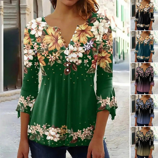🌸  💖Elegante V-hals top met bloemenmotief voor dames