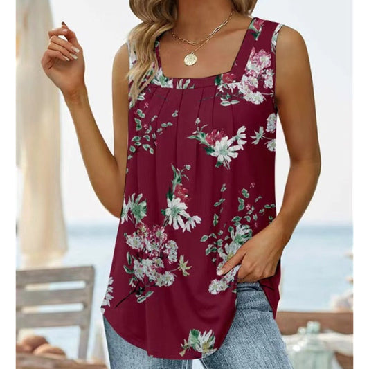 Mouwloze Damestop met Vierkante Hals en Zomerse Print