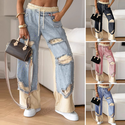 🍁Speciale aanbieding voor het begin van de herfst✨Patchwork denim elastische broek met trekkoord en wijde pijpen