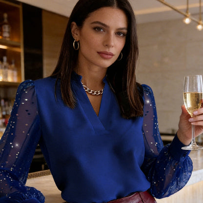 V-Neck Top with Sheer Sequin Sleeves