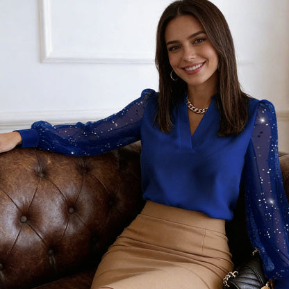 V-Neck Top with Sheer Sequin Sleeves