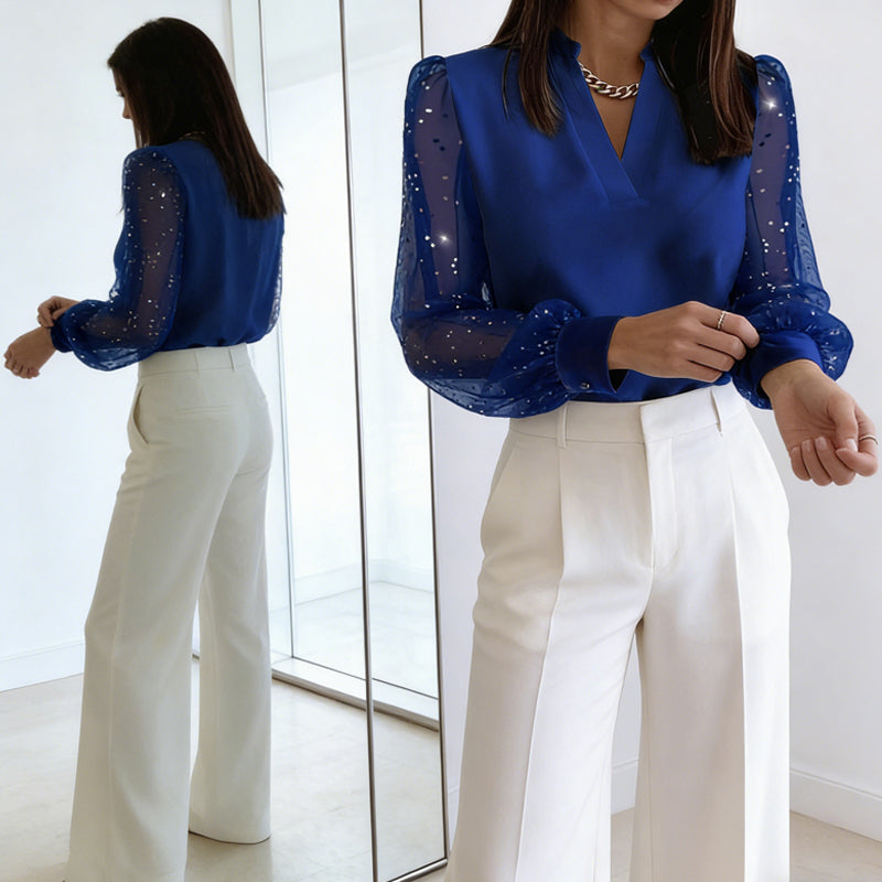 V-Neck Top with Sheer Sequin Sleeves