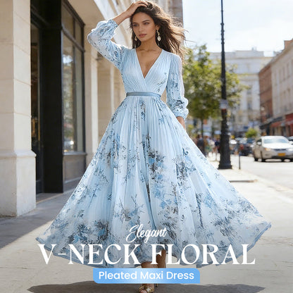 Elegant V-Neck Floral Pleated Maxi Dress