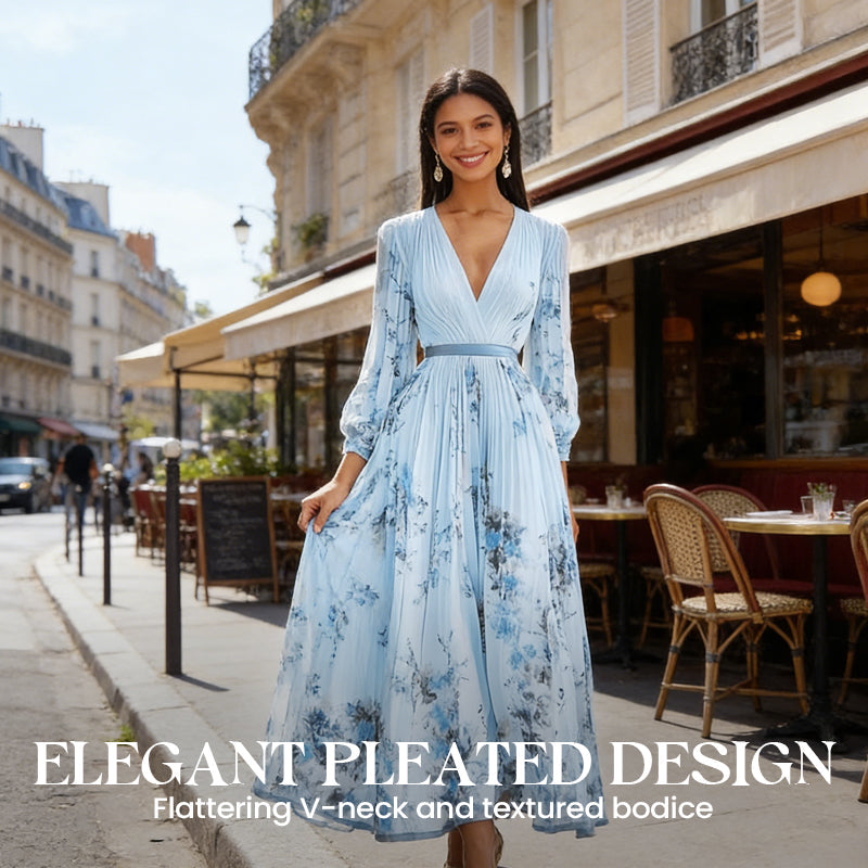 Elegant V-Neck Floral Pleated Maxi Dress
