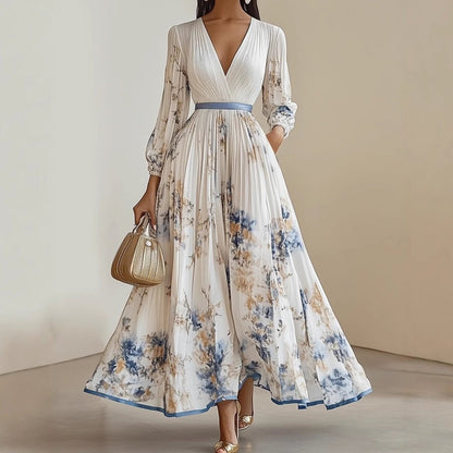 Elegant V-Neck Floral Pleated Maxi Dress