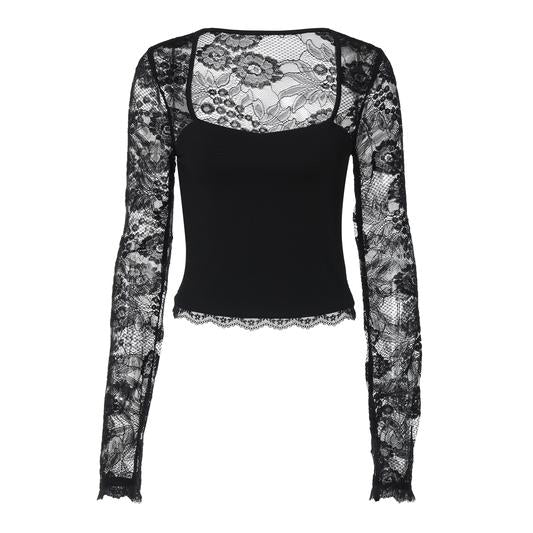 🎁New arrival 50% OFF💥Women's Solid Color T-Shirt – Floral Lace, Split Ruffles & Sheer Sleeves for a Romantic Look ✨