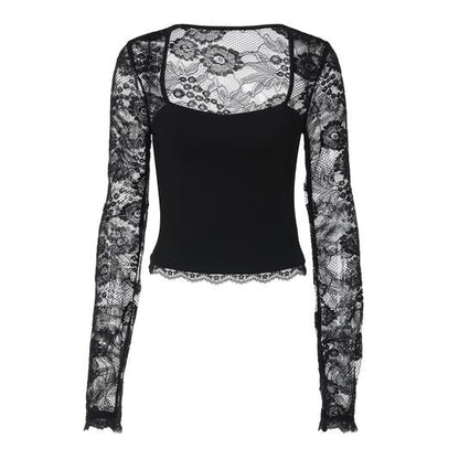 🎁New arrival 50% OFF💥Women's Solid Color T-Shirt – Floral Lace, Split Ruffles & Sheer Sleeves for a Romantic Look ✨