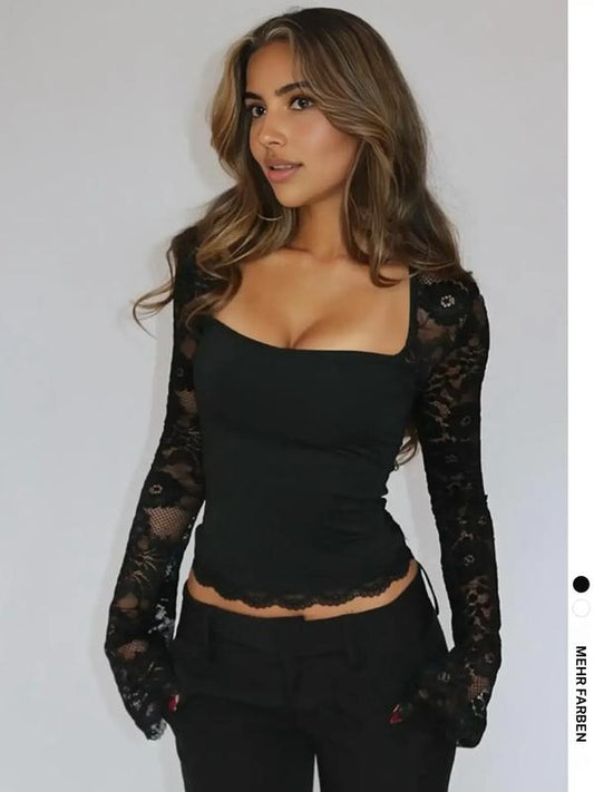 🎁New arrival 50% OFF💥Women's Solid Color T-Shirt – Floral Lace, Split Ruffles & Sheer Sleeves for a Romantic Look ✨