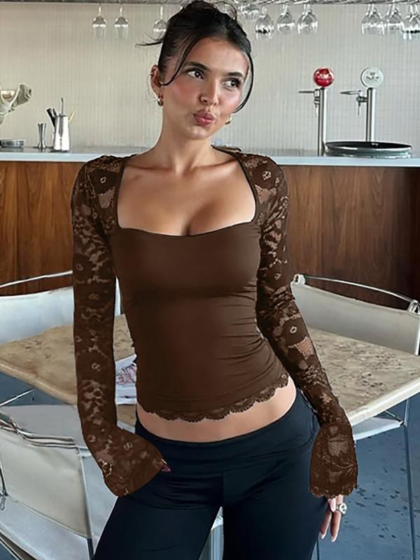 🎁New arrival 50% OFF💥Women's Solid Color T-Shirt – Floral Lace, Split Ruffles & Sheer Sleeves for a Romantic Look ✨