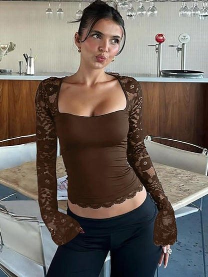 🎁New arrival 50% OFF💥Women's Solid Color T-Shirt – Floral Lace, Split Ruffles & Sheer Sleeves for a Romantic Look ✨