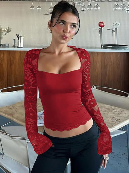 🎁New arrival 50% OFF💥Women's Solid Color T-Shirt – Floral Lace, Split Ruffles & Sheer Sleeves for a Romantic Look ✨